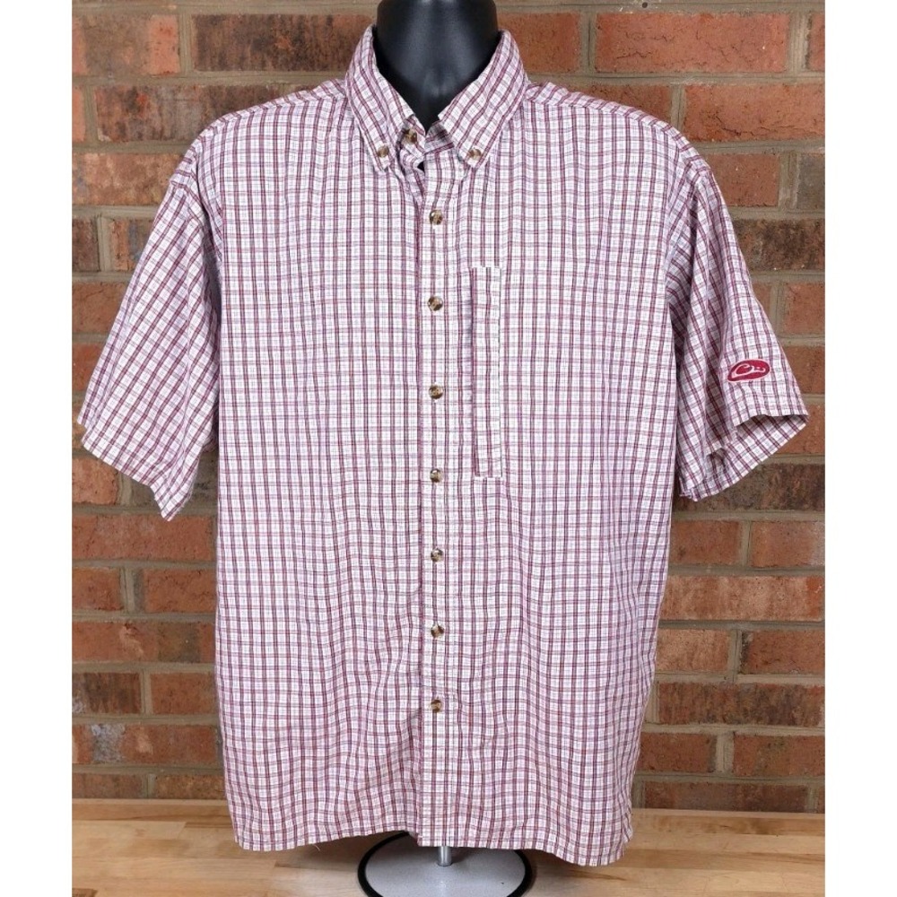 Drake Waterfowl Fishing Short Sleeve Large Red Check Button Down Shirt Vented